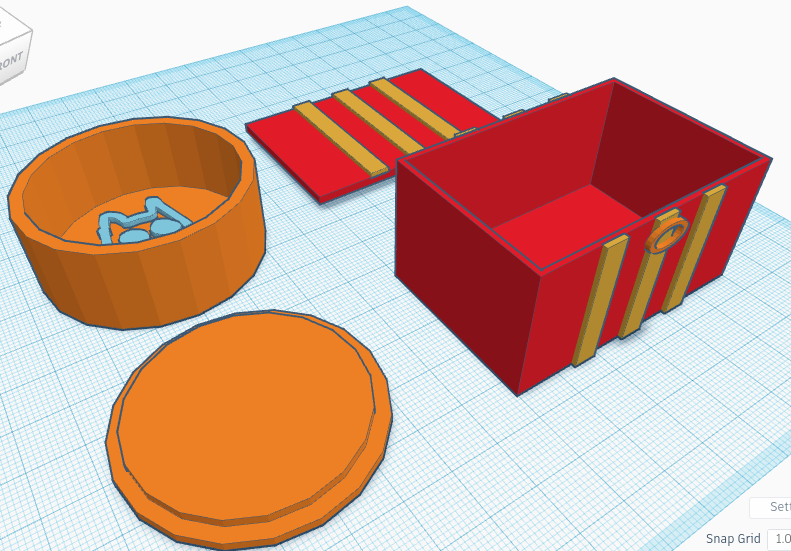 screenshot from the 3D modeling program TinkerCad; two 3D models of small boxes with matching inset lids, one is circular and the other is rectangular and has 3 decorative bands wrapping around it vertically