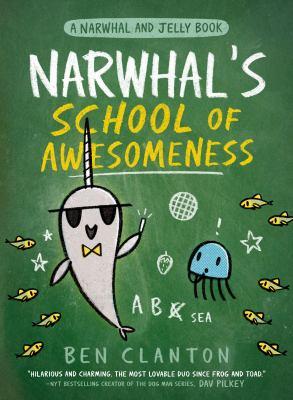 cartoon drawing gray narwhal blue jellyfish little yellow fish chalk drawing stars letters