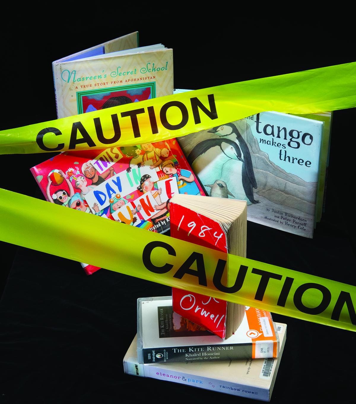 books surounded by caution tape