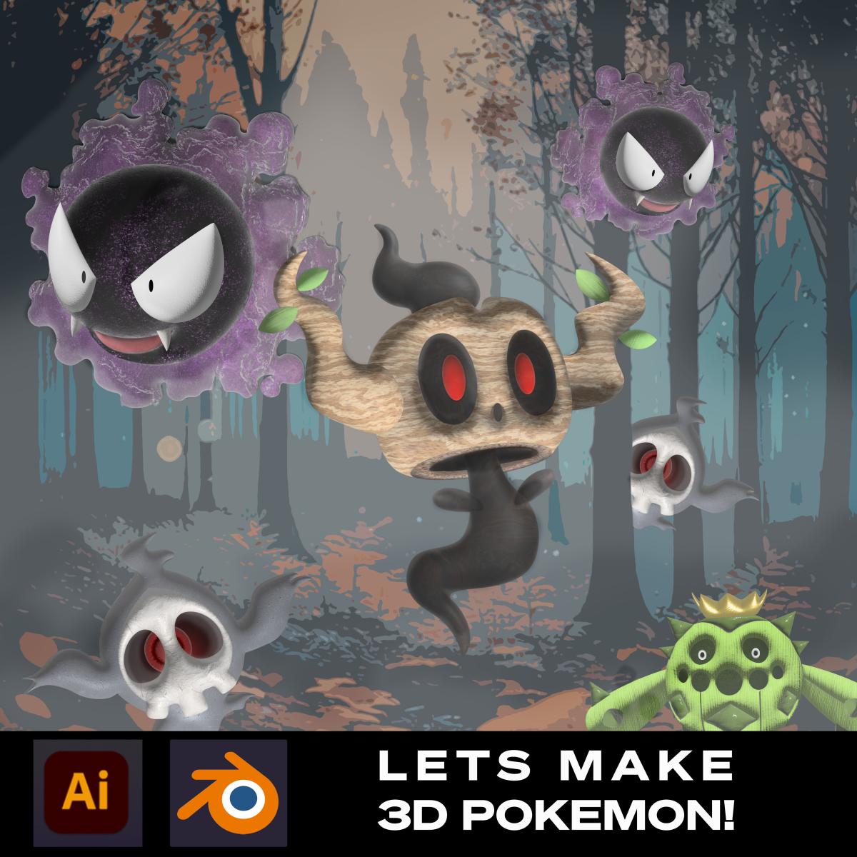 Ghost Pokemon in a foggy forest, Halloween themed image, adobe illustrator and Blender 3D logos