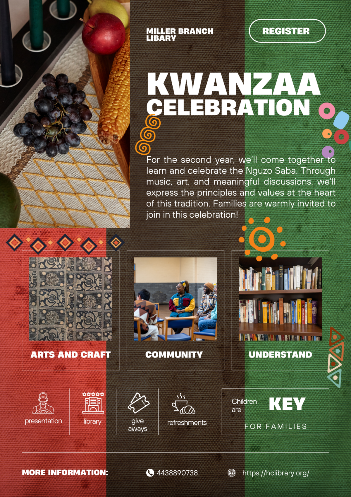 A flyer in red brown and green that talks about the meaning of the celebration