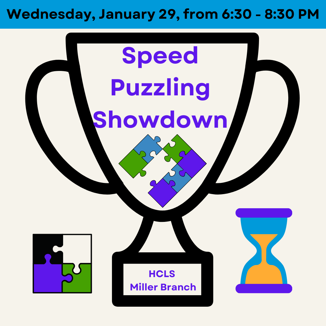 Flyer with trophy with title of class, location, puzzle pieces, and a sand timer. Colors are blues, purples and greens on white background