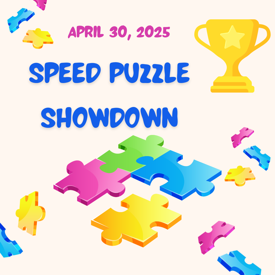 Pinish backround with colorful puzzle pieces and trophy with event title and date