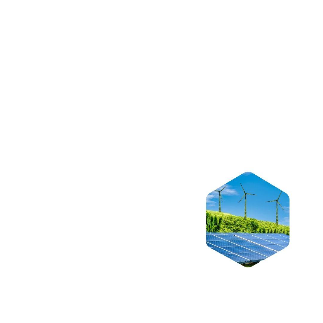 a hexagon shaped image with solar panels and windmills and trees