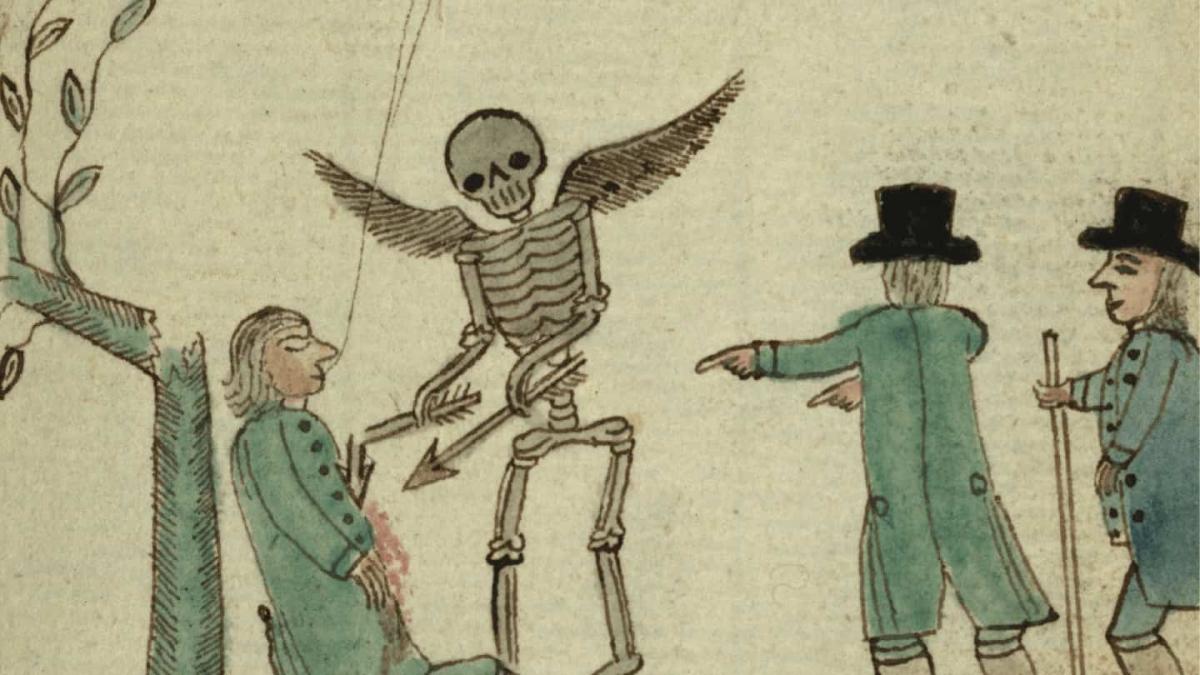 grey bacground with the setch of a skeleton poking a man with an arrow
