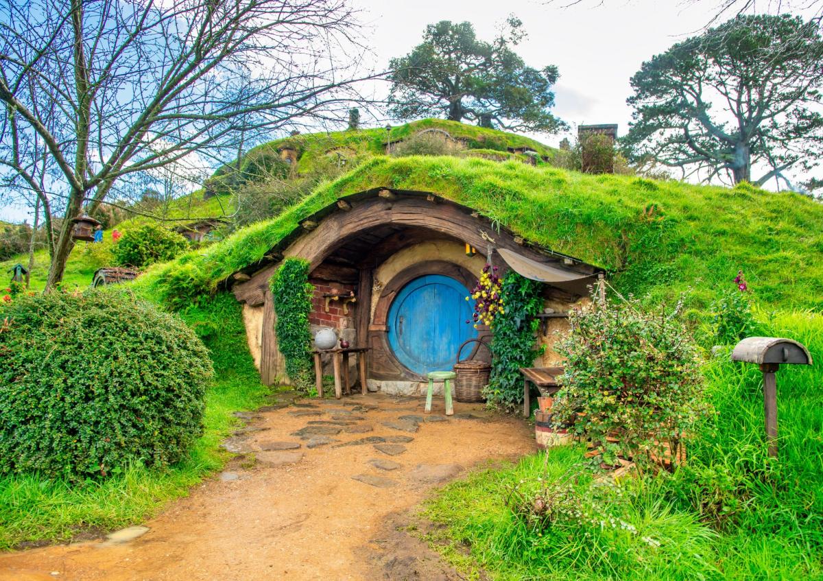 hobbit hole with a blue door