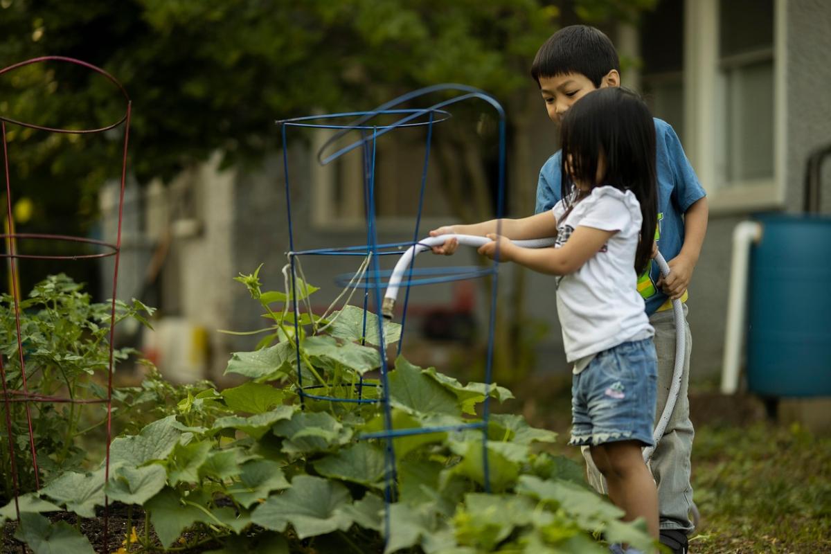 two children watering plants in a garden bed