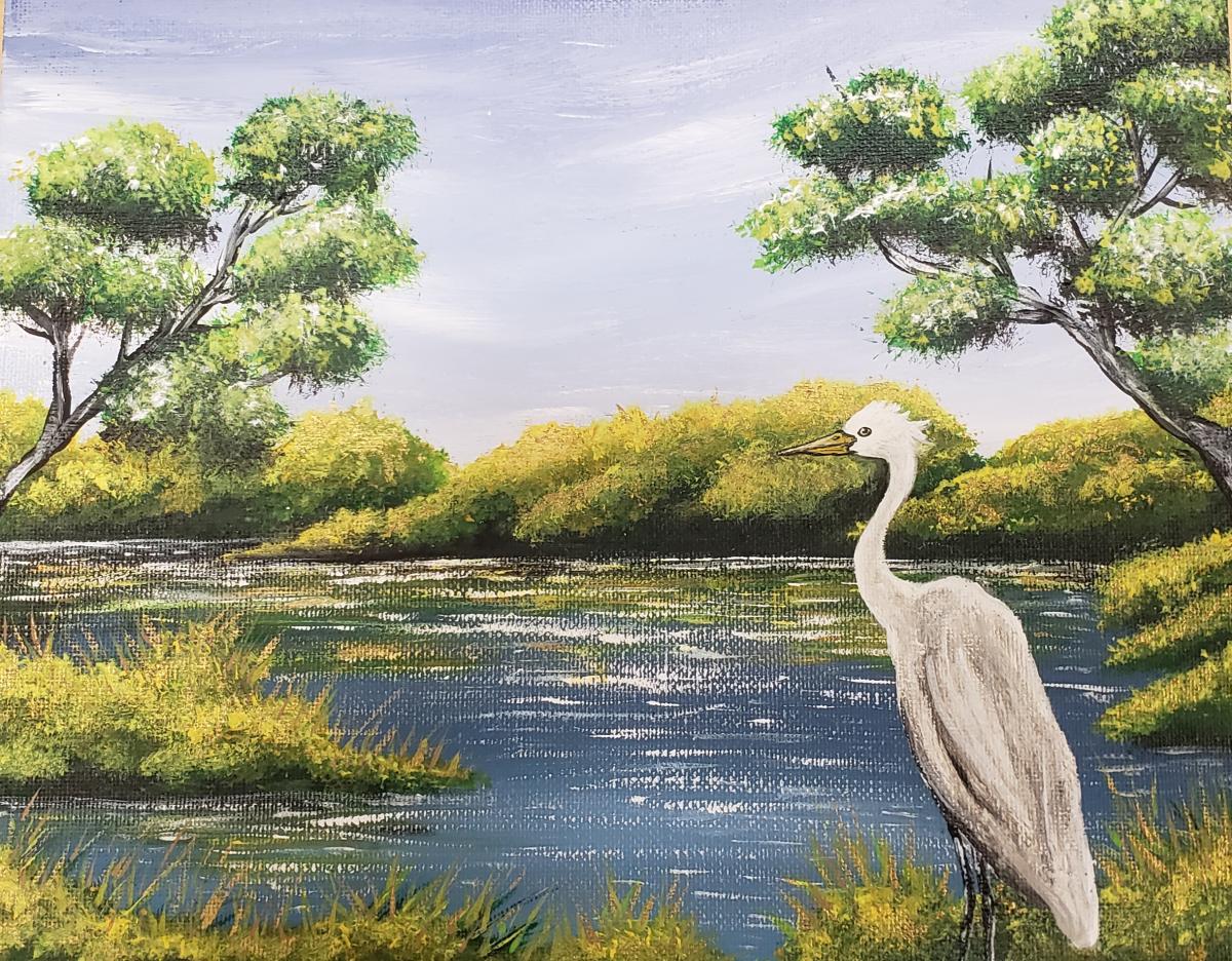 painting of summer scene with egret