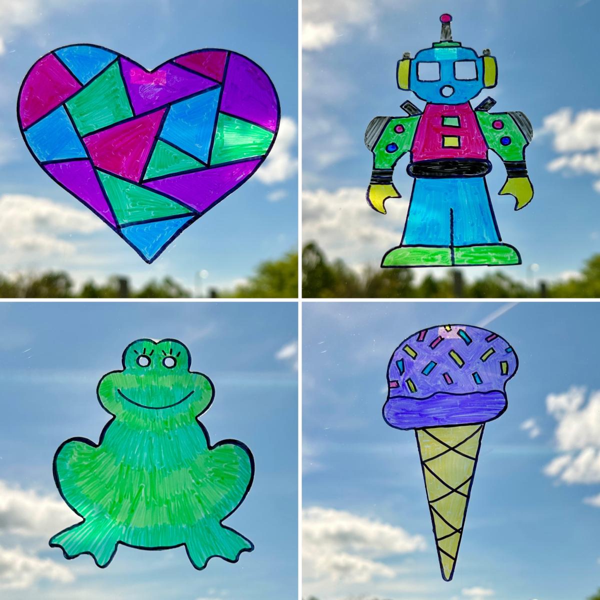 Heart, Robot, Frog, and Ice Cream Cone suncatcher.
