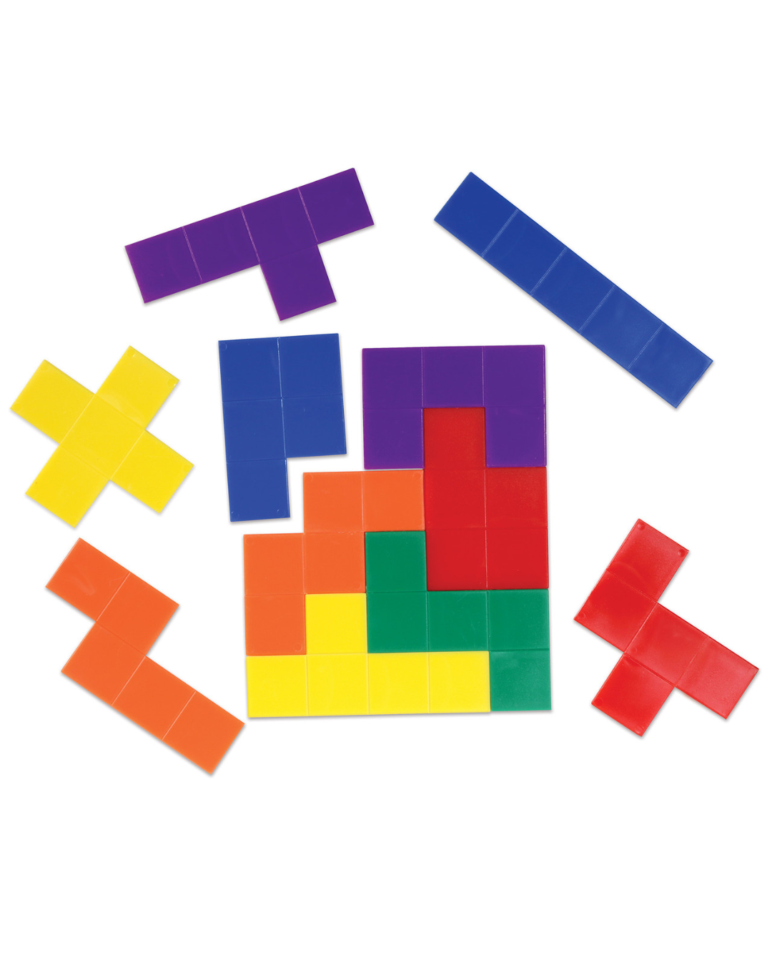 Colorful geometric pieces formed by connecting 5 squares edge to edge in a variety of combinations