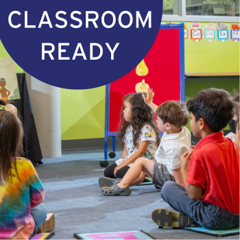 an image of children sitting on the floor with the text classroom ready