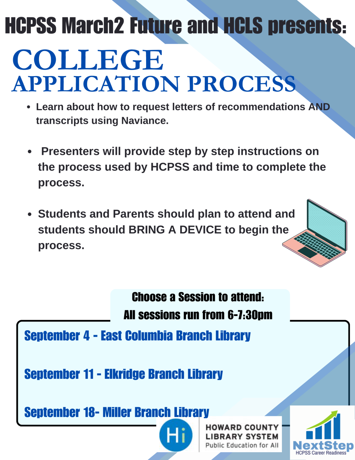 Flyer for HCPSS March2 Future and HCLS presents: College Application Process