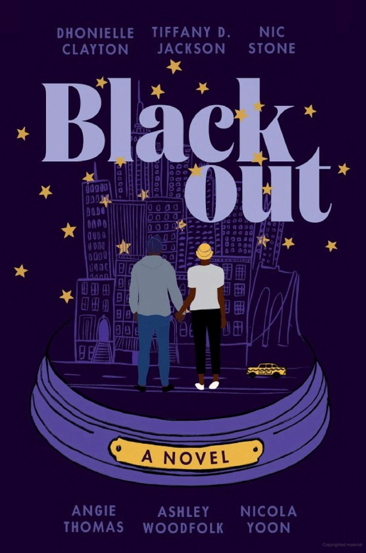 The cover shows a composite image of four close-up photos of Black teenagers on a dark blue background. The four teens are smiling or looking thoughtful, and are positioned so their faces and heads intersect in the center. The warm, yellow glow of streetlights and other city lights outline their profiles and appear to be emanating from their bodies. The title "BLACKOUT" is written in all-caps, glowing white lettering across the top, while the six authors' names are listed at the bottom. 