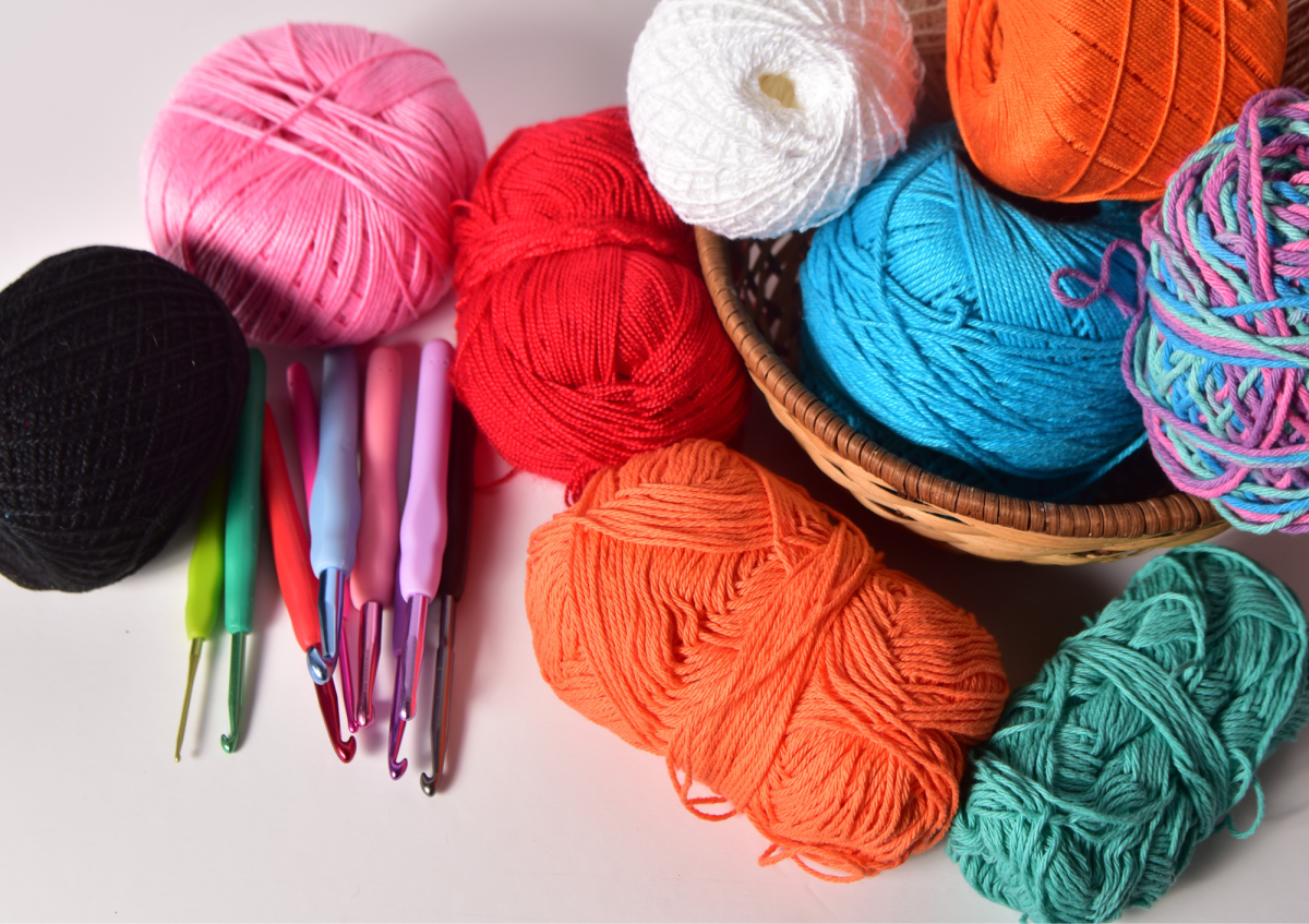 yarn bundles and crochet hooks